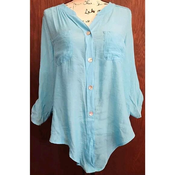 Ruby Road Womens Top Tunic Medium Turquoise Blue Lightweight Roll Tab Sleeve - Picture 1 of 6